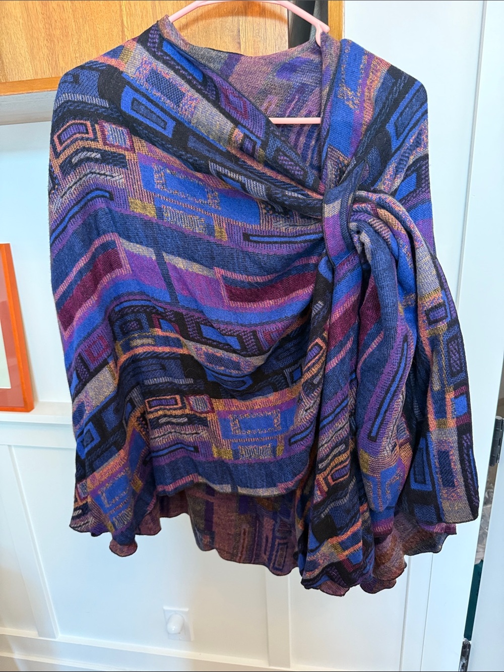 Vibrant Geometric Knit Poncho - Purple & Blue Cashmere